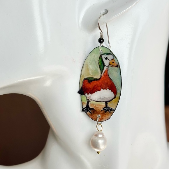 African pygmy geese handpainted earrings sterling birds goose ducks OOAK - Picture 3 of 6